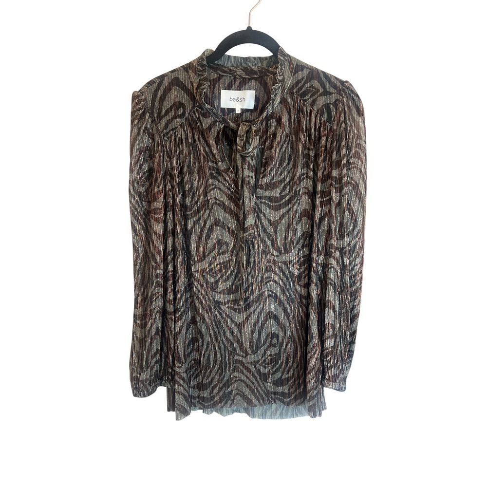 Ba&sh Gall Dore Metallic Abstract Animal Print Tie Neck Blouse Top Size 2 US 6